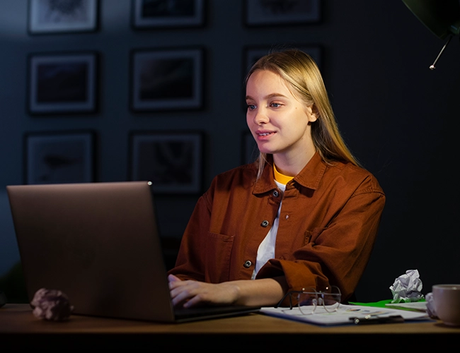 Blonde haired woman smiling while looking at laptop