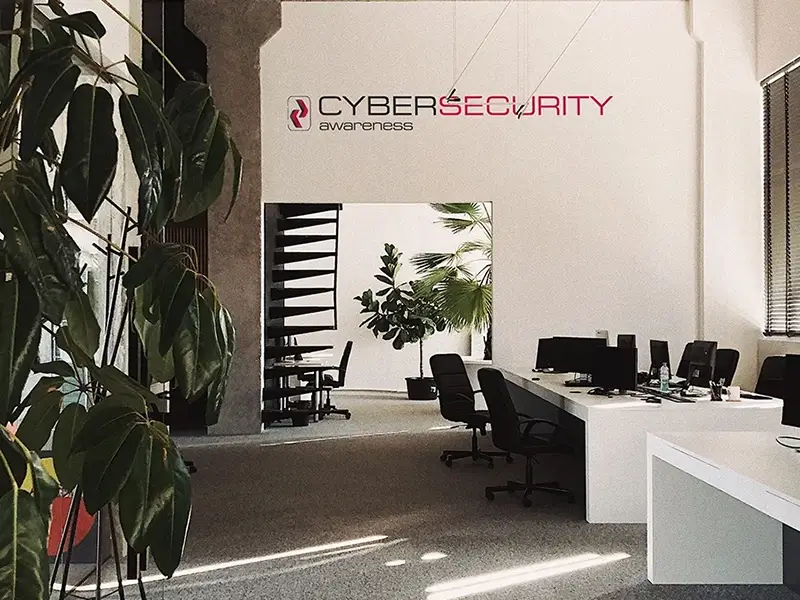 Modern office with cyber security awareness logo on wall